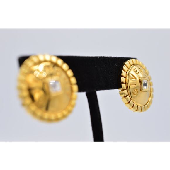 Givenchy Vintage Logo Earrings Crystal Block Letter Button Gold Signed 80s BinAF - Picture 5 of 12